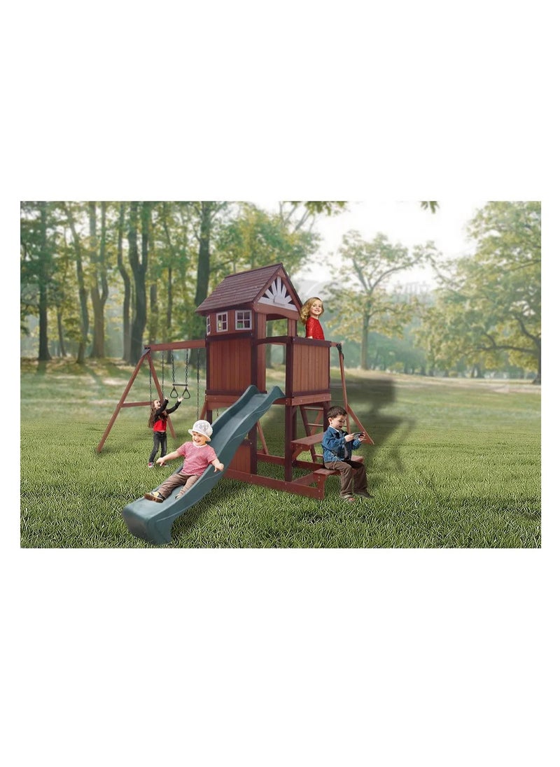 Explore the Vinson Massif Swing Set & Playhouse with Wooden Roof, Long Lasting, Weather-resistant Materials, 3 Years+, 485 x 531 x 303 cm - Brown