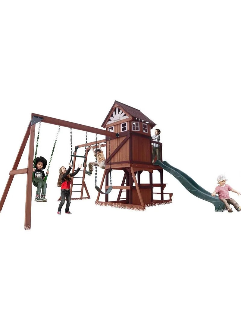 Explore the Vinson Massif Swing Set & Playhouse with Wooden Roof, Long Lasting, Weather-resistant Materials, 3 Years+, 485 x 531 x 303 cm - Brown