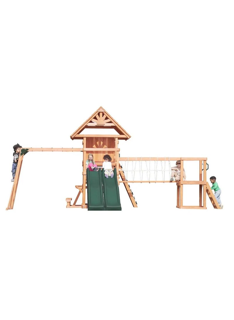 Unveil the Double Deck Everest Swing Set & Playhouse with Wooden Roof, Long Lasting, Weather-resistant Materials, 3 Years+, 660 x 665 x 332 cm - Brown