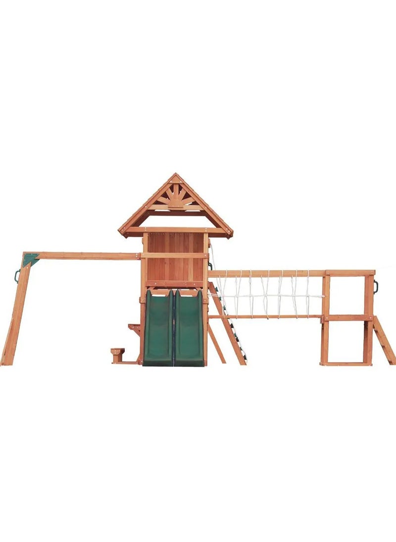 Unveil the Double Deck Everest Swing Set & Playhouse with Wooden Roof, Long Lasting, Weather-resistant Materials, 3 Years+, 660 x 665 x 332 cm - Brown