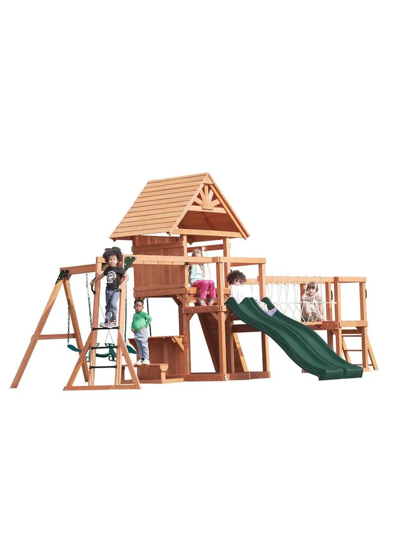 Unveil the Double Deck Everest Swing Set & Playhouse with Wooden Roof, Long Lasting, Weather-resistant Materials, 3 Years+, 660 x 665 x 332 cm - Brown