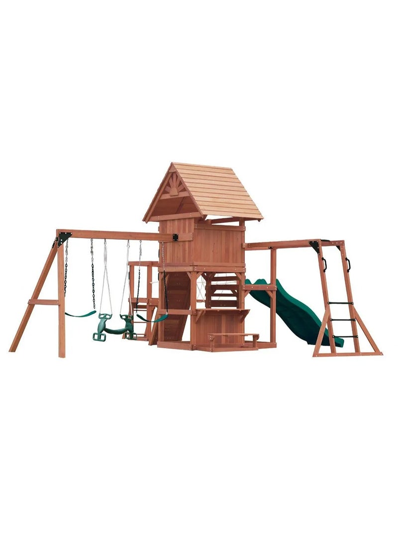 Unveil the Double Deck Everest Swing Set & Playhouse with Wooden Roof, Long Lasting, Weather-resistant Materials, 3 Years+, 660 x 665 x 332 cm - Brown