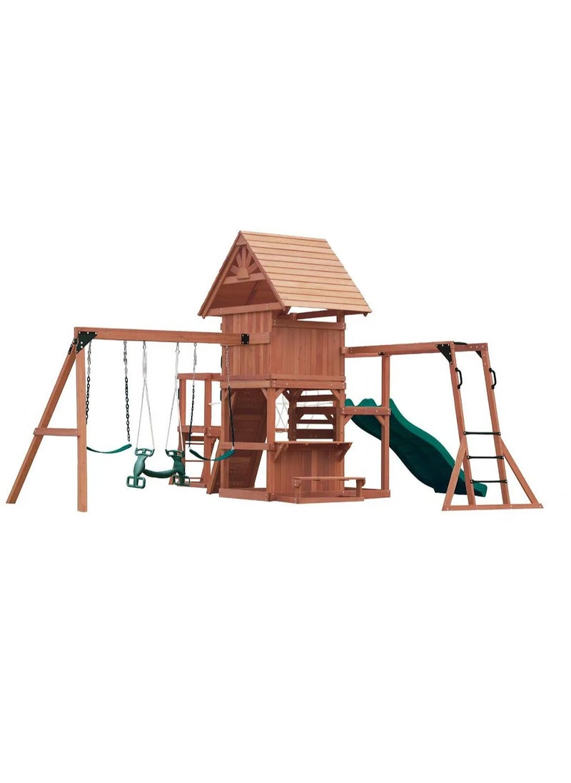 Unveil the Double Deck Everest Swing Set & Playhouse with Wooden Roof, Long Lasting, Weather-resistant Materials, 3 Years+, 660 x 665 x 332 cm - Brown