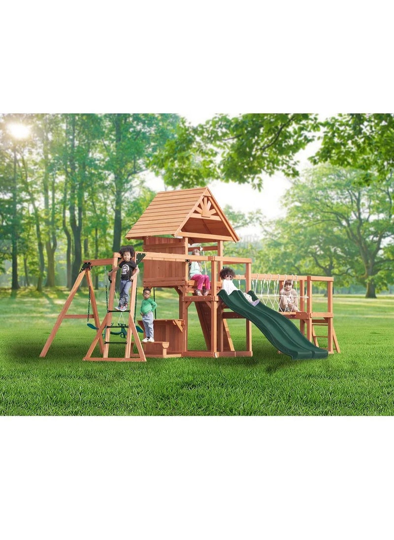 Unveil the Double Deck Everest Swing Set & Playhouse with Wooden Roof, Long Lasting, Weather-resistant Materials, 3 Years+, 660 x 665 x 332 cm - Brown