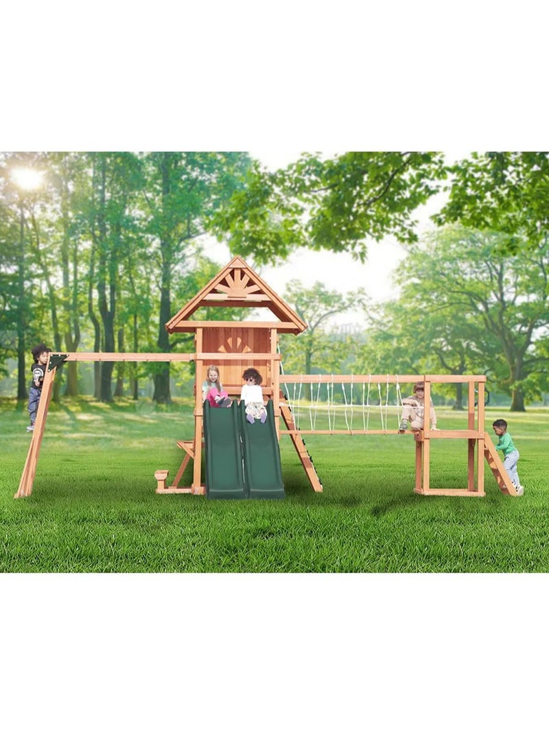 Unveil the Double Deck Everest Swing Set & Playhouse with Wooden Roof, Long Lasting, Weather-resistant Materials, 3 Years+, 660 x 665 x 332 cm - Brown