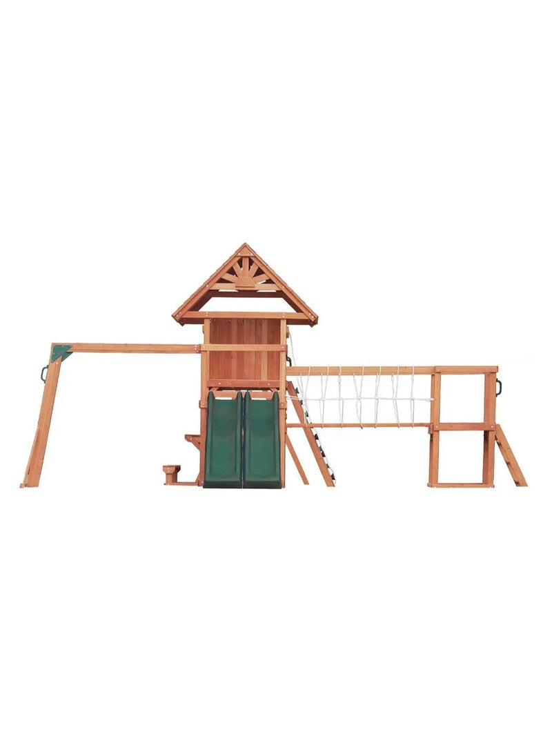 Unveil the Double Deck Everest Swing Set & Playhouse with Wooden Roof, Long Lasting, Weather-resistant Materials, 3 Years+, 660 x 665 x 332 cm - Brown