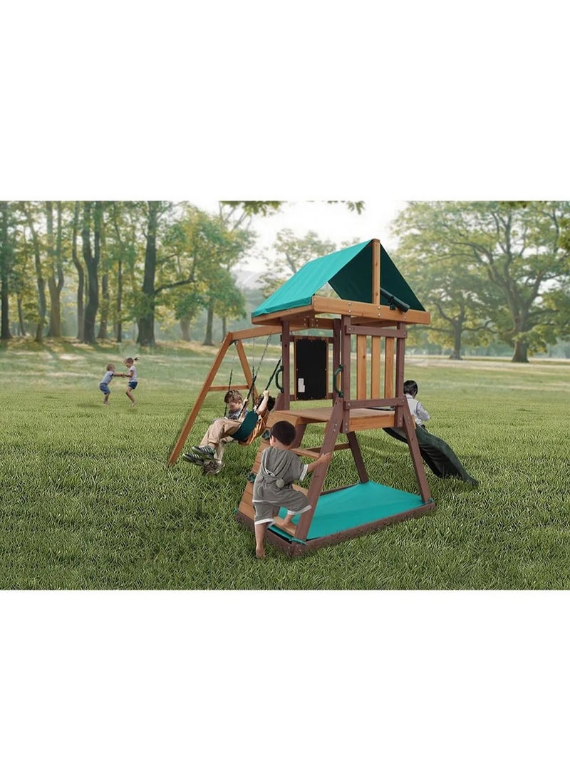 Discover the Mount Peak Matterhorn Swing Set & Playhouse, Durable, Long Lasting, Weather-resistant Materials, 3 Years+, 285 x 263 x 220 cm - Brown