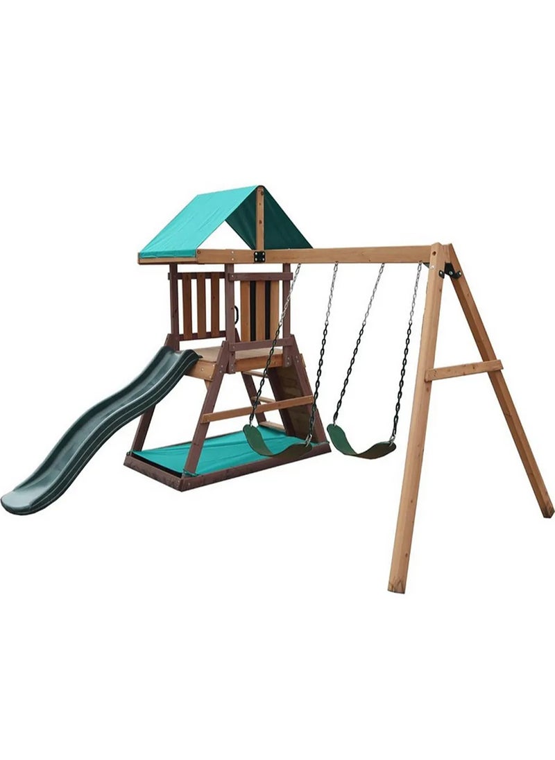 Discover the Mount Peak Matterhorn Swing Set & Playhouse, Durable, Long Lasting, Weather-resistant Materials, 3 Years+, 285 x 263 x 220 cm - Brown