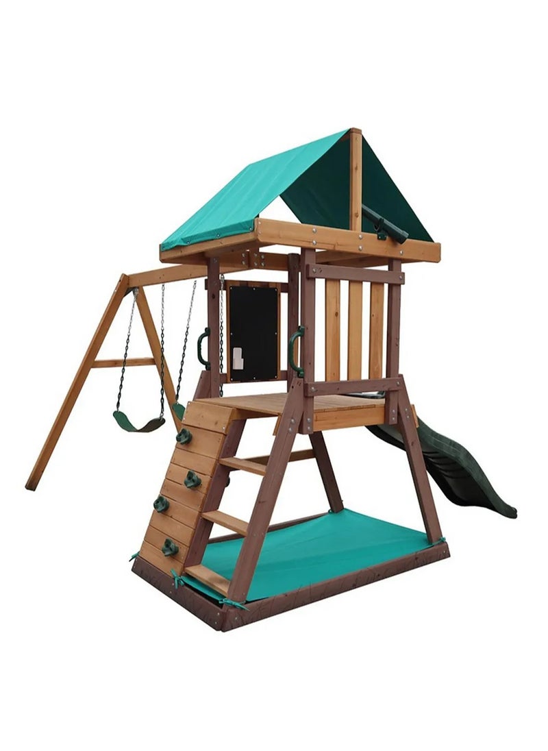 Discover the Mount Peak Matterhorn Swing Set & Playhouse, Durable, Long Lasting, Weather-resistant Materials, 3 Years+, 285 x 263 x 220 cm - Brown