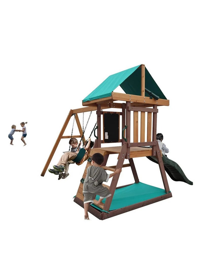 Discover the Mount Peak Matterhorn Swing Set & Playhouse, Durable, Long Lasting, Weather-resistant Materials, 3 Years+, 285 x 263 x 220 cm - Brown