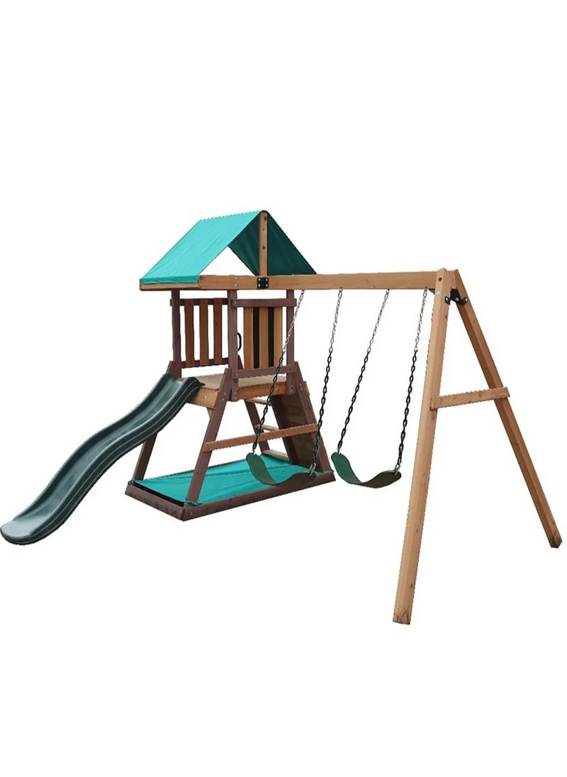 Discover the Mount Peak Matterhorn Swing Set & Playhouse, Durable, Long Lasting, Weather-resistant Materials, 3 Years+, 285 x 263 x 220 cm - Brown