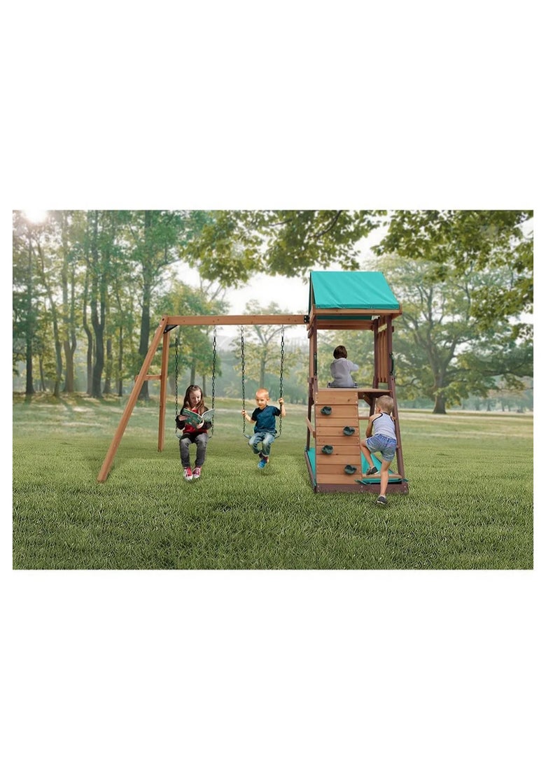 Discover the Mount Peak Matterhorn Swing Set & Playhouse, Durable, Long Lasting, Weather-resistant Materials, 3 Years+, 285 x 263 x 220 cm - Brown