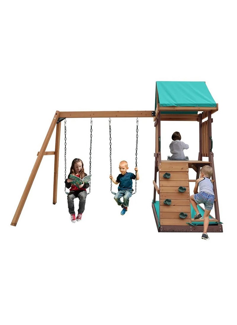 Discover the Mount Peak Matterhorn Swing Set & Playhouse, Durable, Long Lasting, Weather-resistant Materials, 3 Years+, 285 x 263 x 220 cm - Brown