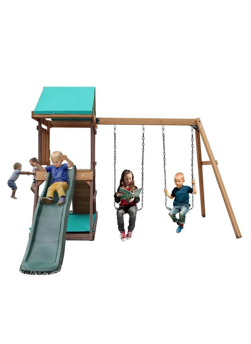 Discover the Mount Peak Matterhorn Swing Set & Playhouse, Durable, Long Lasting, Weather-resistant Materials, 3 Years+, 285 x 263 x 220 cm - Brown