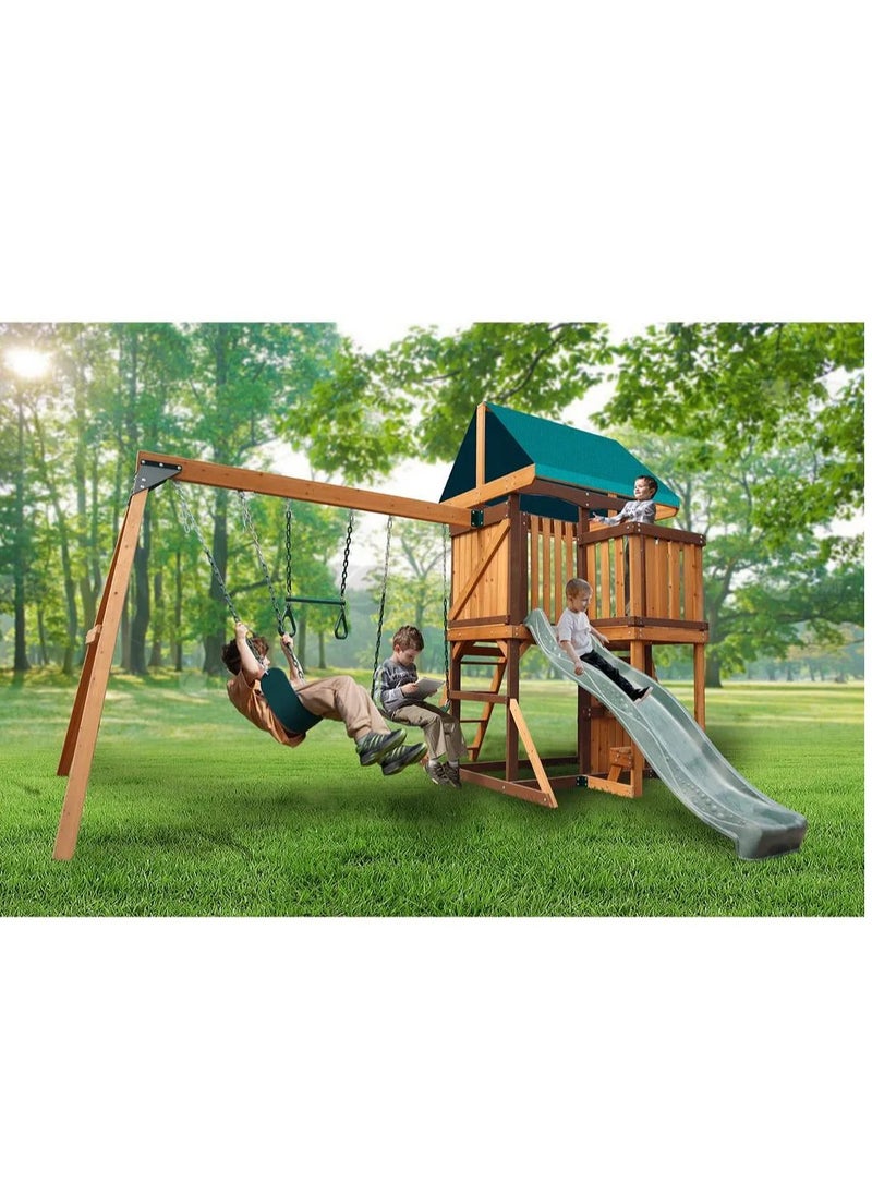 Experience the Logan Swing Set & Playhouse with Balcony, Wooden Roof, Long Lasting, Weather-resistant Materials, 3 Years+, 480 x 330 x 295 cm - Brown