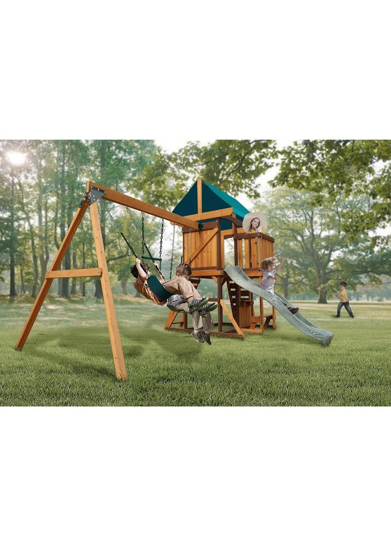 Experience the Logan Swing Set & Playhouse with Balcony, Wooden Roof, Long Lasting, Weather-resistant Materials, 3 Years+, 480 x 330 x 295 cm - Brown