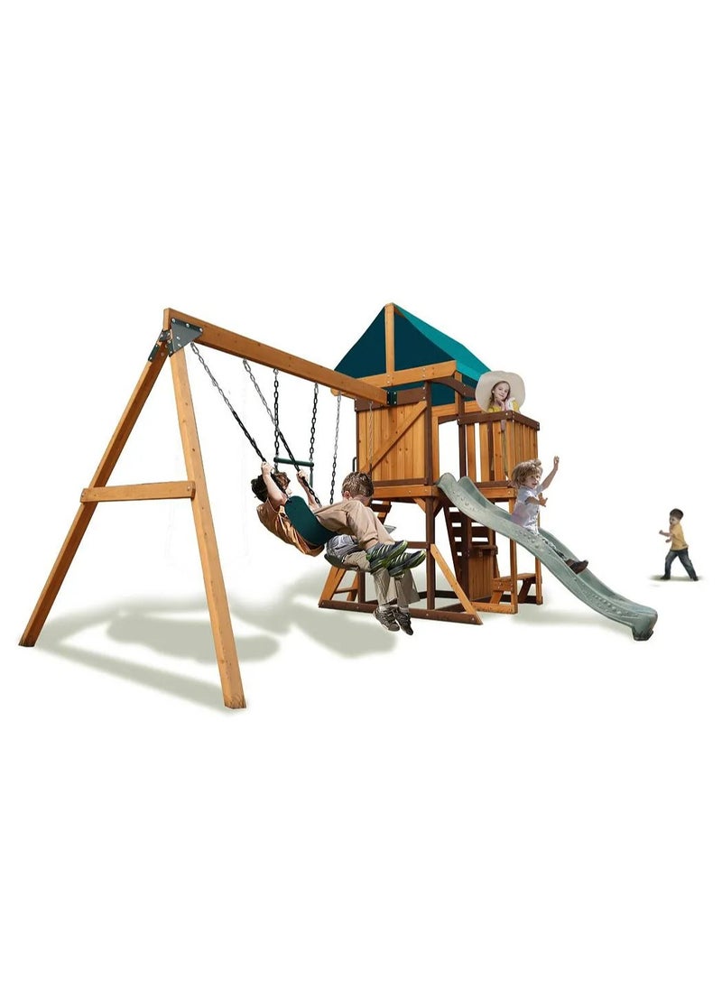 Experience the Logan Swing Set & Playhouse with Balcony, Wooden Roof, Long Lasting, Weather-resistant Materials, 3 Years+, 480 x 330 x 295 cm - Brown