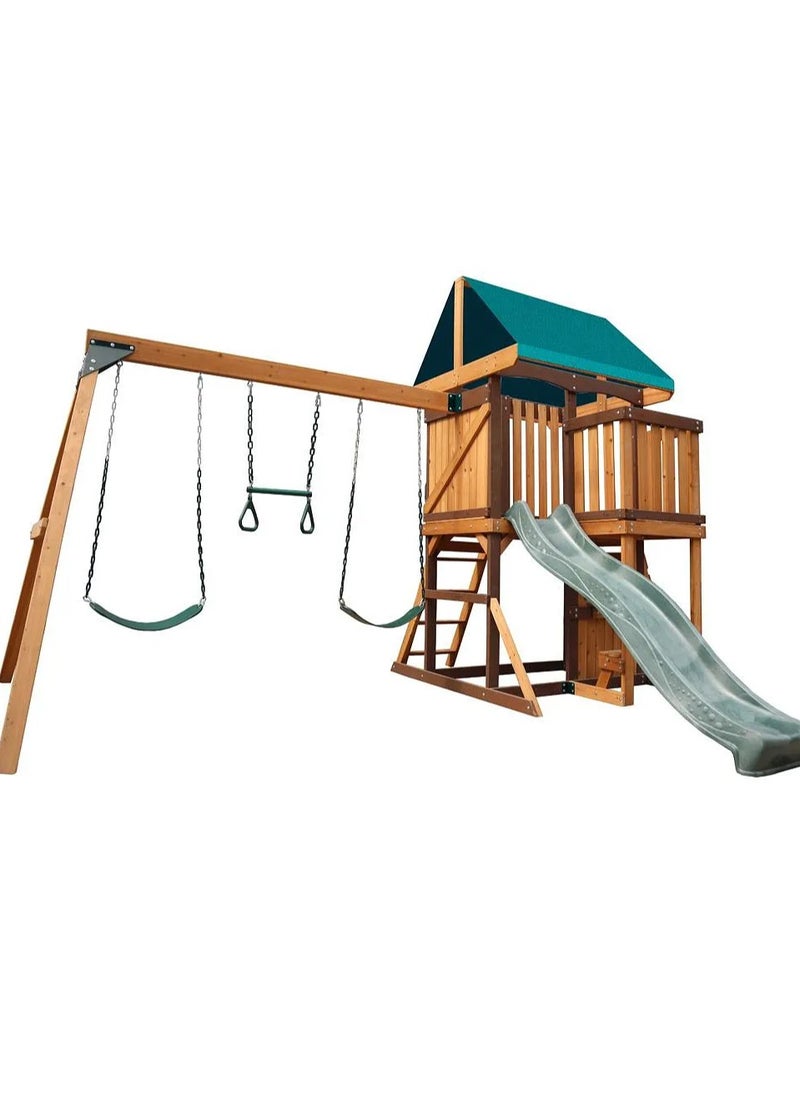 Experience the Logan Swing Set & Playhouse with Balcony, Wooden Roof, Long Lasting, Weather-resistant Materials, 3 Years+, 480 x 330 x 295 cm - Brown