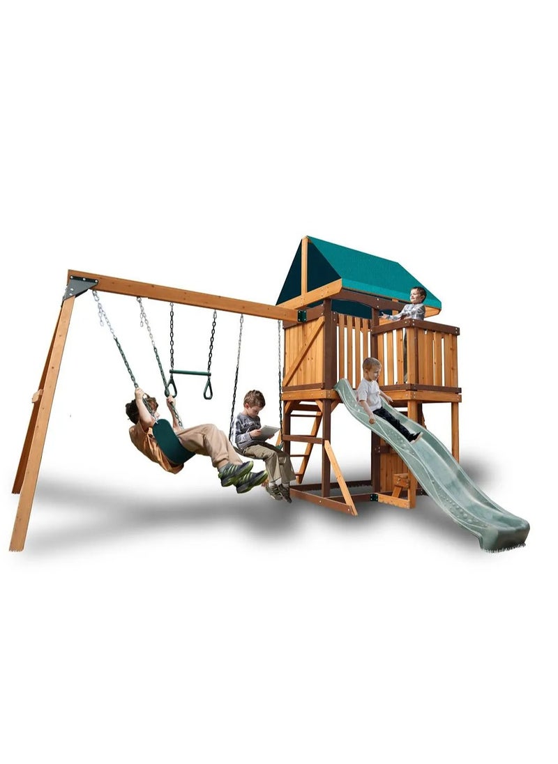 Experience the Logan Swing Set & Playhouse with Balcony, Wooden Roof, Long Lasting, Weather-resistant Materials, 3 Years+, 480 x 330 x 295 cm - Brown