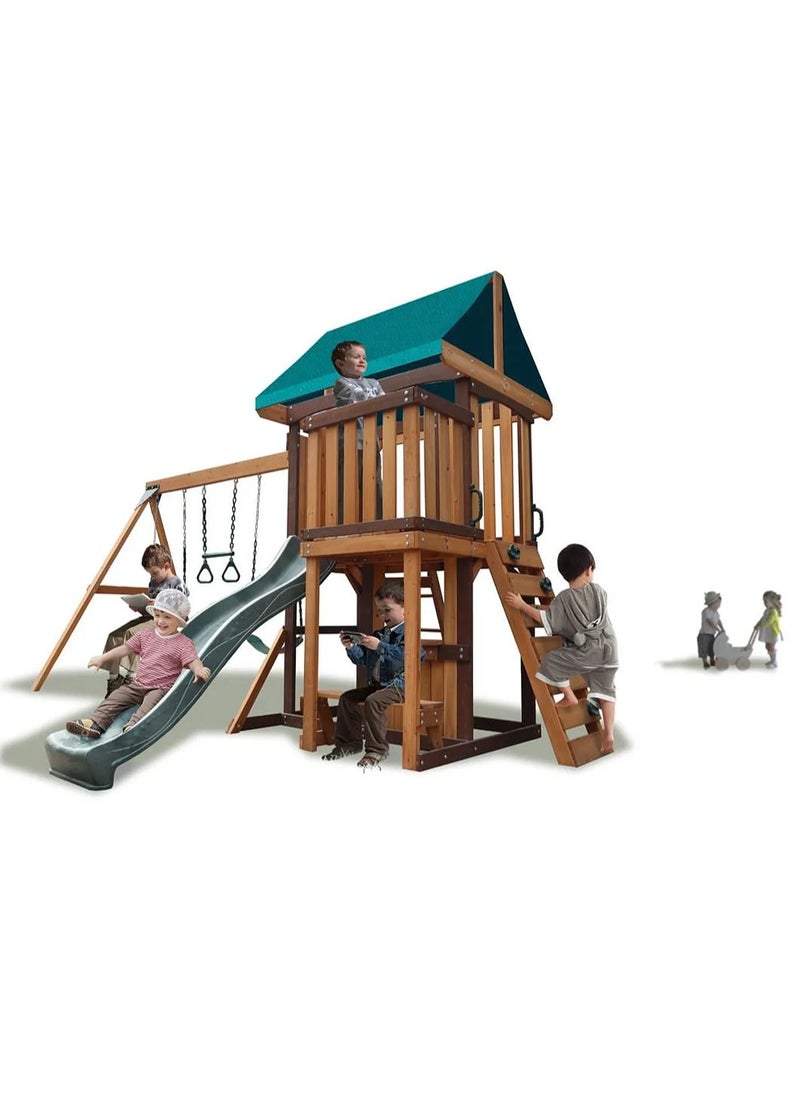 Experience the Logan Swing Set & Playhouse with Balcony, Wooden Roof, Long Lasting, Weather-resistant Materials, 3 Years+, 480 x 330 x 295 cm - Brown