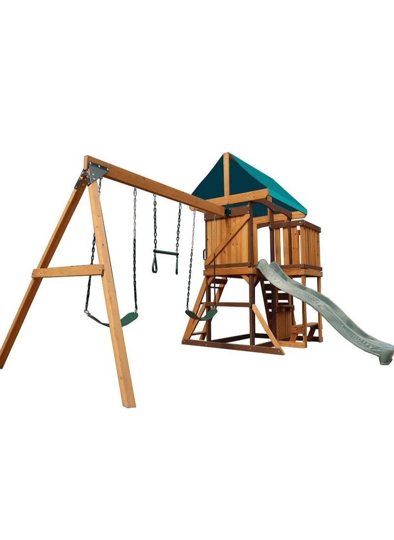 Experience the Logan Swing Set & Playhouse with Balcony, Wooden Roof, Long Lasting, Weather-resistant Materials, 3 Years+, 480 x 330 x 295 cm - Brown