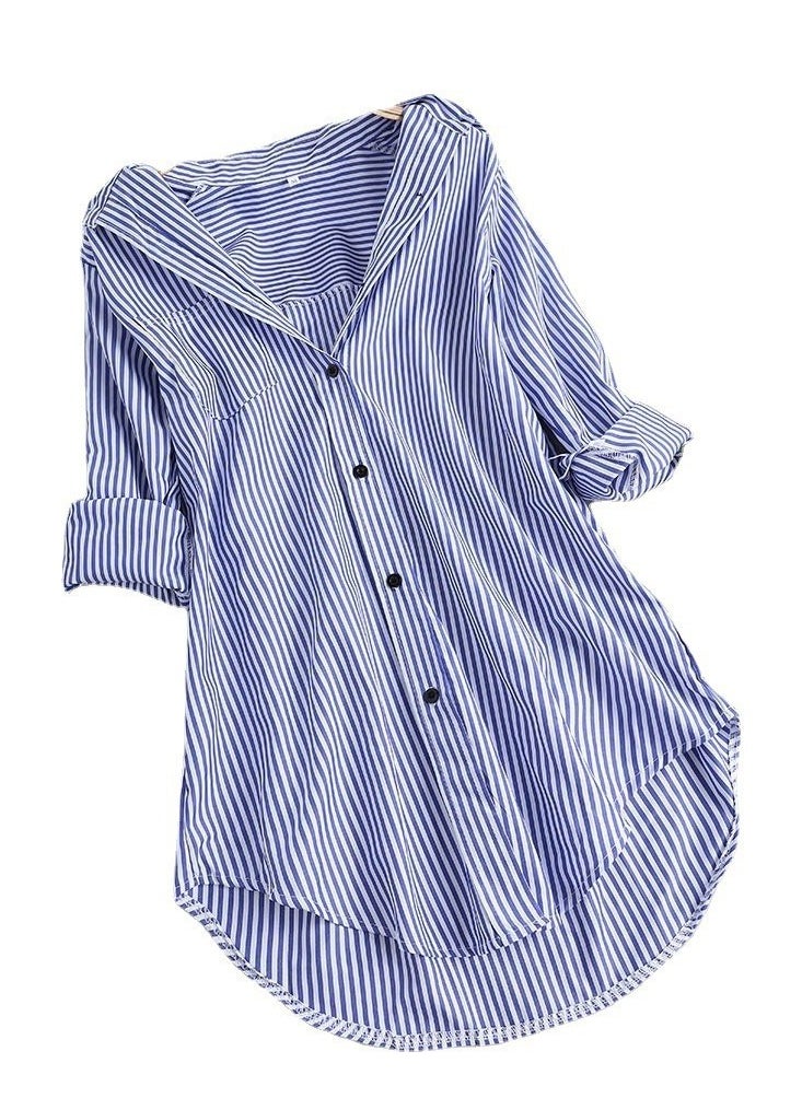 Women's Casual Loose Lapel Shirts Long Sleeves Blouses Tops Navy Blue/White Stripes