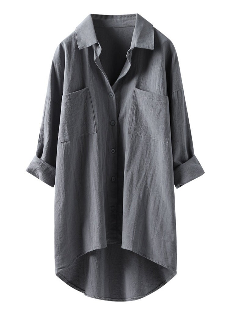 Women's Solid Color Loose Lapel Shirts Stylish Casual Asymmetric Hem  Blouses Tops Grey