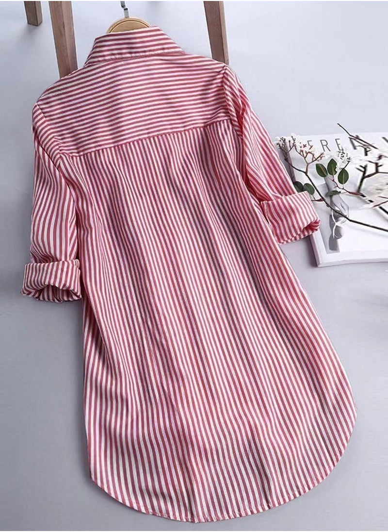 Women's Casual Loose Lapel Shirts Long Sleeves Blouses Tops Wine Red/White Stripes