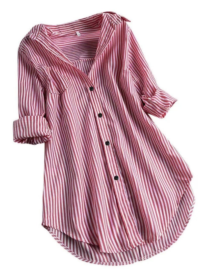 Women's Casual Loose Lapel Shirts Long Sleeves Blouses Tops Wine Red/White Stripes