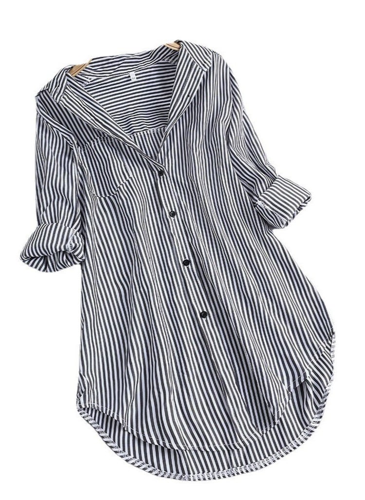 Women's Casual Loose Lapel Shirts Long Sleeves Blouses Tops Black/White Stripes