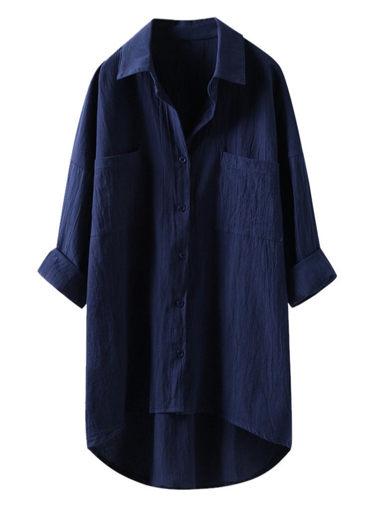 Women's Solid Color Loose Lapel Shirts Stylish Casual Asymmetric Hem  Blouses Tops Navy Blue