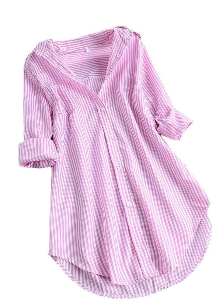 Women's Casual Loose Lapel Shirts Long Sleeves Blouses Tops Pink/White Stripes