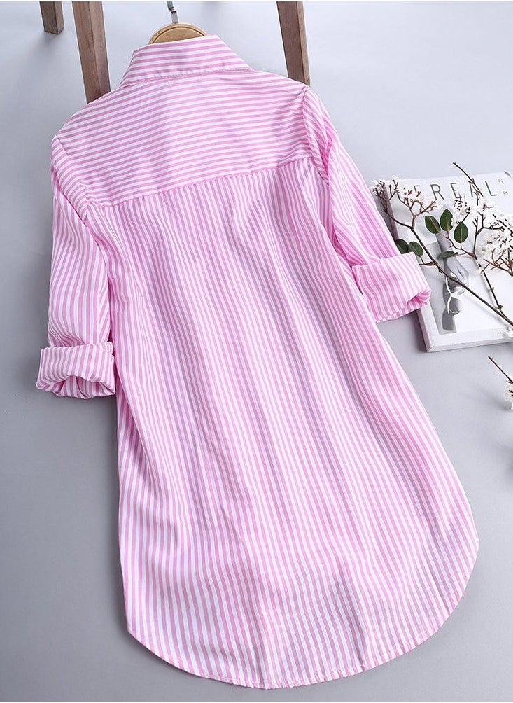 Women's Casual Loose Lapel Shirts Long Sleeves Blouses Tops Pink/White Stripes