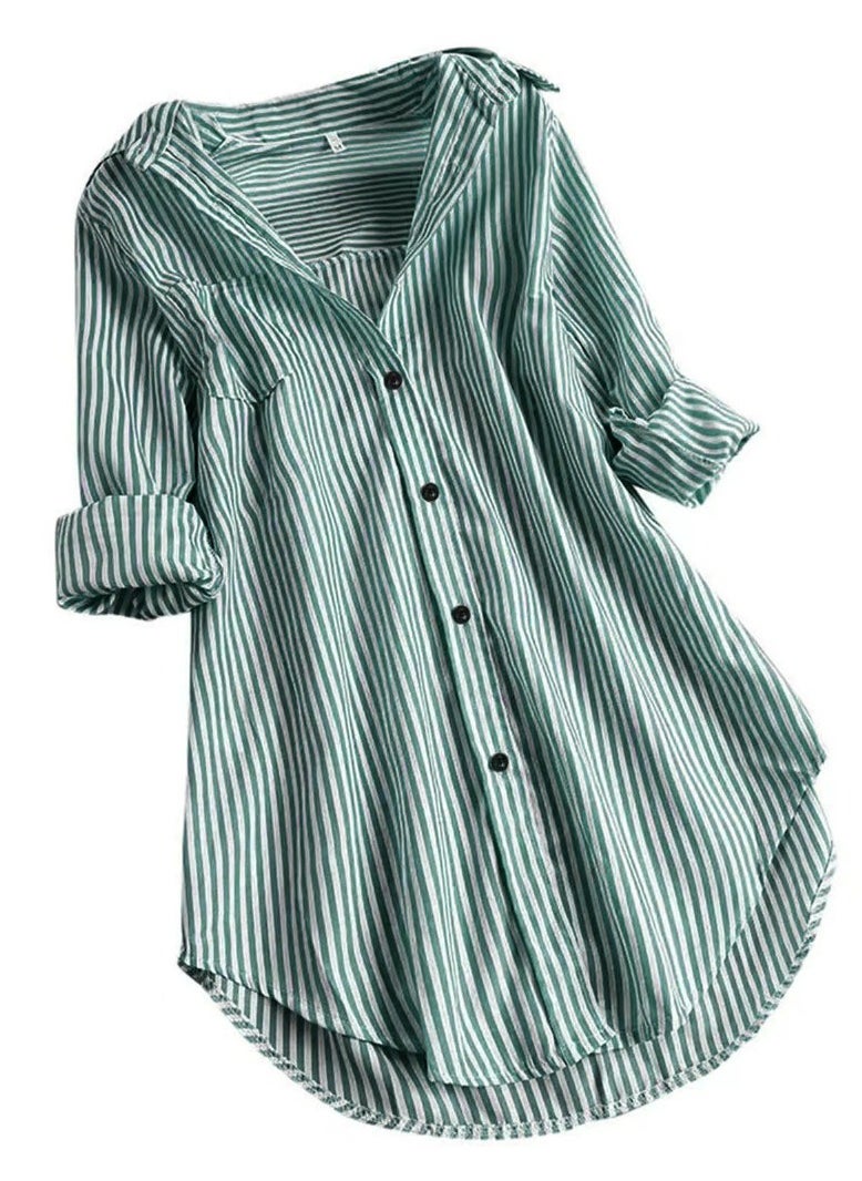 Women's Casual Loose Lapel Shirts Long Sleeves Blouses Tops Green/White Stripes