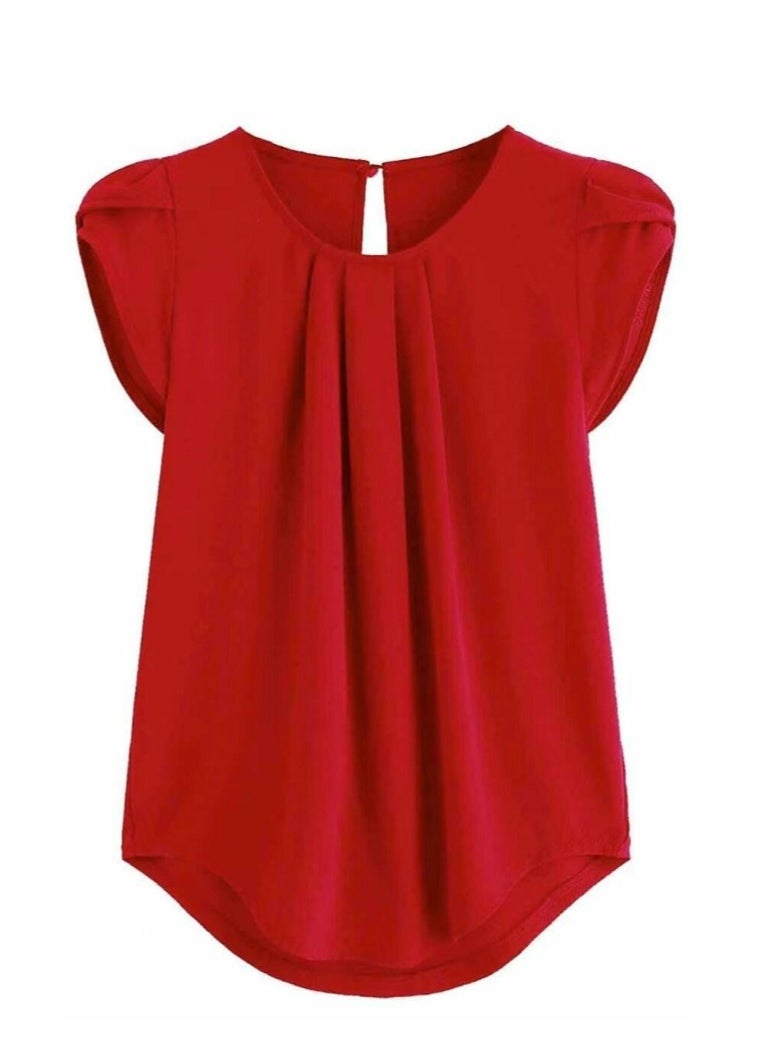 Womens Casual Round Neck Chiffon Shirt Puff Sleeve Tops Red