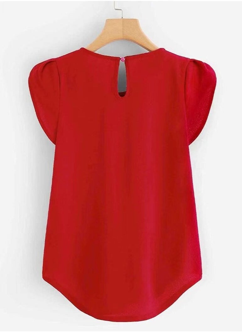 Womens Casual Round Neck Chiffon Shirt Puff Sleeve Tops Red