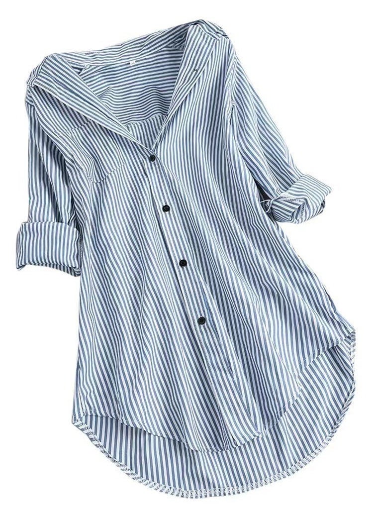 Women's Casual Loose Lapel Shirts Long Sleeves Blouses Tops Greenish Blue/White Stripes