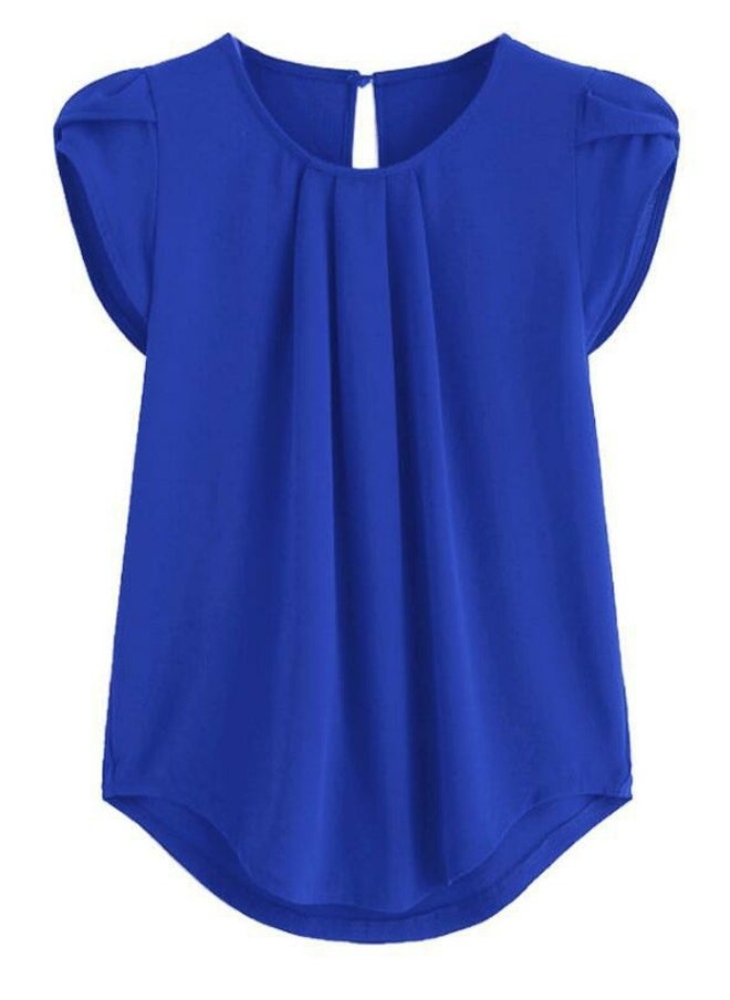 Womens Casual Round Neck Chiffon Shirt Puff Sleeve Tops Blue