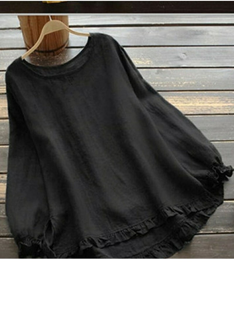 Women's Round Neck Loose Shirts Solid Casual Flounce Hem Blouses Tops Black