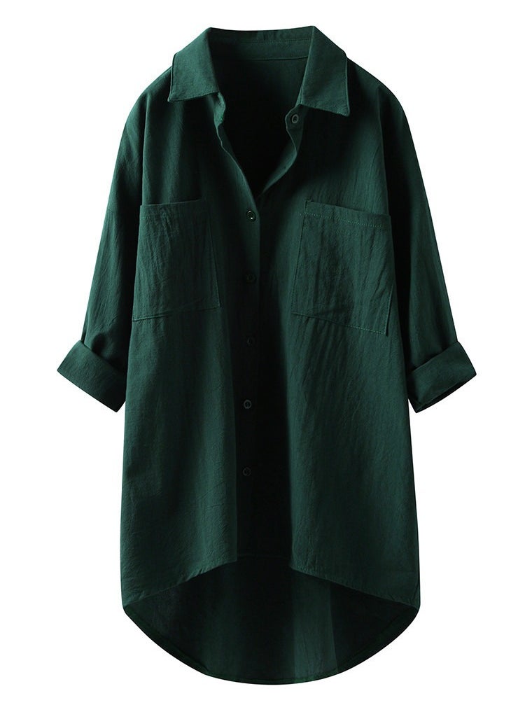 Women's Solid Color Loose Lapel Shirts Stylish Casual Asymmetric Hem  Blouses Tops Dark Green