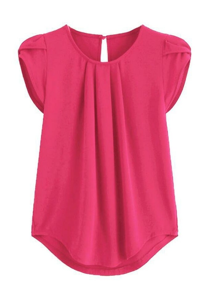 Womens Casual Round Neck Chiffon Shirt Puff Sleeve Tops Rose Pink