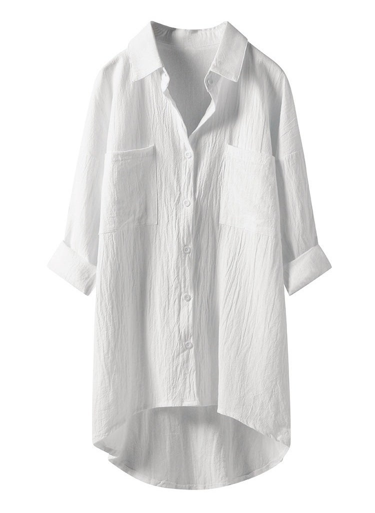 Women's Solid Color Loose Lapel Shirts Stylish Casual Asymmetric Hem  Blouses Tops White