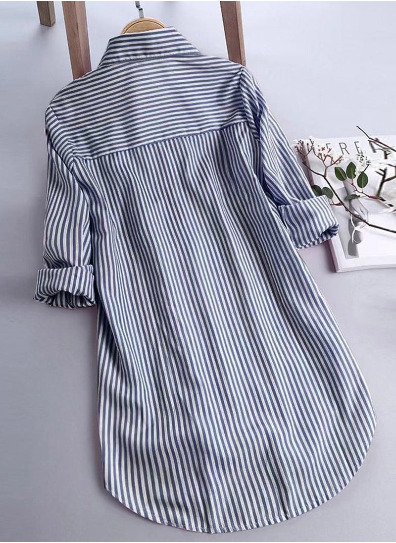 Women's Casual Loose Lapel Shirts Long Sleeves Blouses Tops Navy Blue/White Stripes