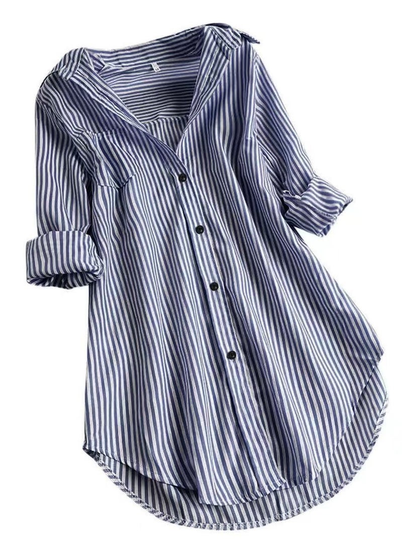 Women's Casual Loose Lapel Shirts Long Sleeves Blouses Tops Navy Blue/White Stripes