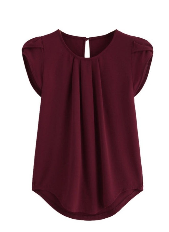 Womens Casual Round Neck Chiffon Shirt Puff Sleeve Tops Wine Red