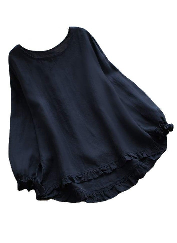 Women's Round Neck Loose Shirts Solid Casual Flounce Hem Blouses Tops Navy Blue