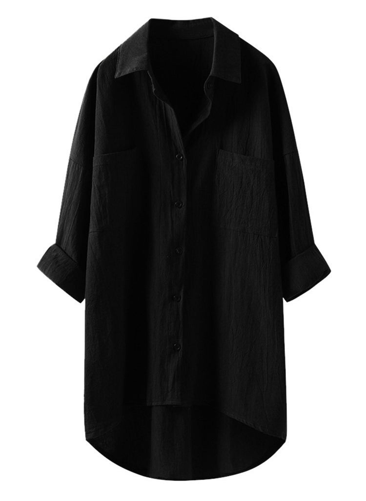 Women's Solid Color Loose Lapel Shirts Stylish Casual Asymmetric Hem  Blouses Tops Black