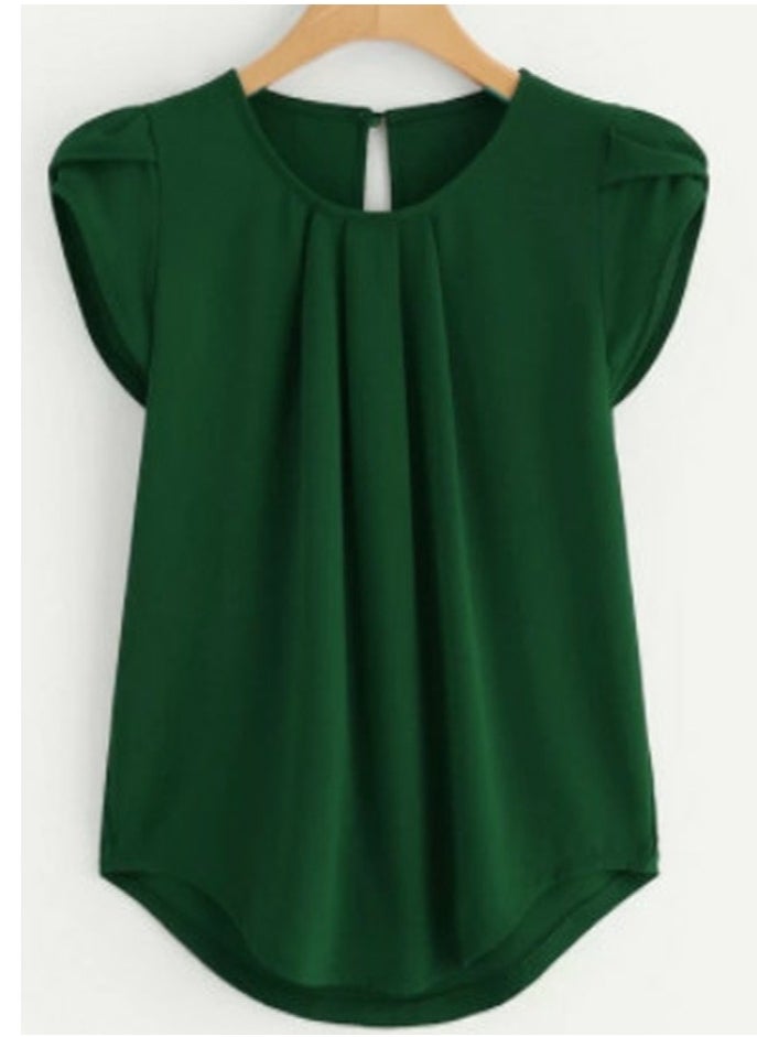 Womens Casual Round Neck Chiffon Shirt Puff Sleeve Tops Green