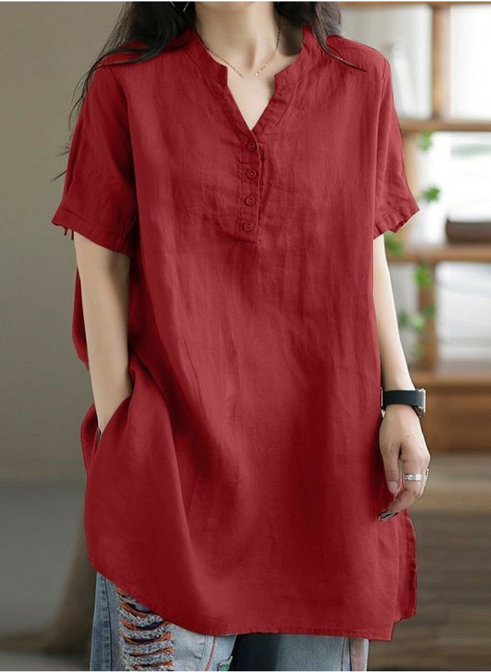 Women's Solid V-Neck Short Sleeve Shirts Casual Loose Button Blouses Tops Red