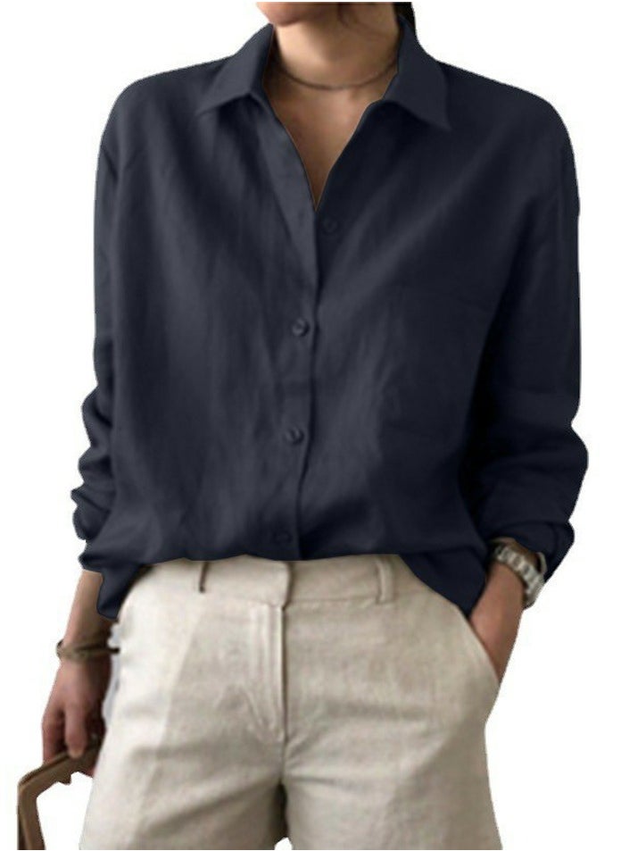 Women's Solid Long Sleeve Lapel Shirts Casual Blouses Navy Blue